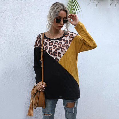 LOVEVOP Autumn women's popular new leopard print splicing 2025 fashion pullover round neck top loose long sleeve bottoming T-shirt women