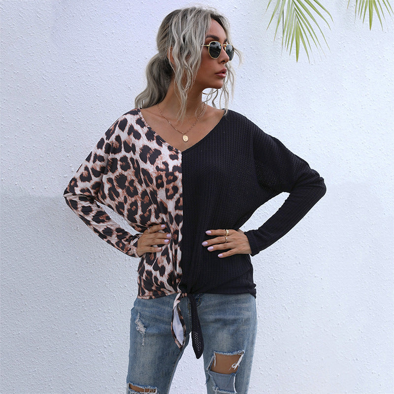 LOVEVOP popular autumn 2025 sexy splicing leopard print v-neck bottoming shirt t-shirt female  New Popular trade top wholesale