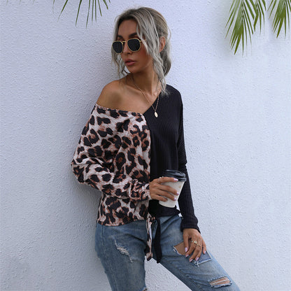 LOVEVOP popular autumn 2025 sexy splicing leopard print v-neck bottoming shirt t-shirt female  New Popular trade top wholesale