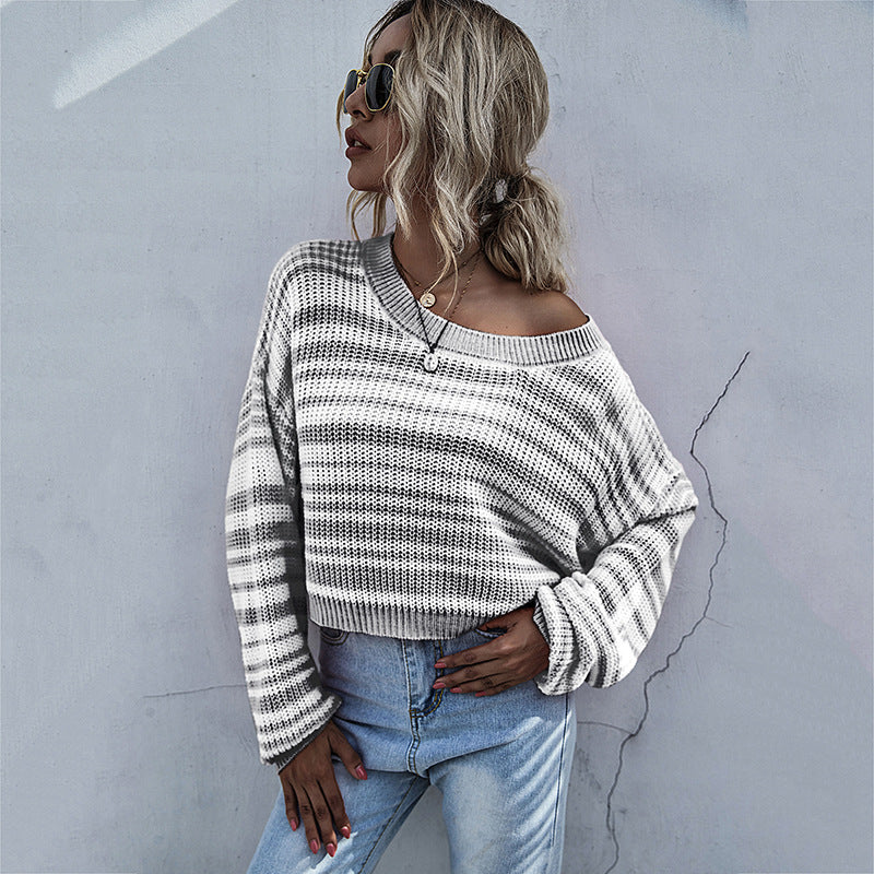 LOVEVOP popular popular autumn and winter hot sale crew neck knitted short striped contrasting sweater women's 2025 jumper women
