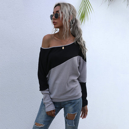 LOVEVOP New  Hot Trade Women's Clothing popular Color Combination Long Sleeve Knitted Sweater Loose Off-Shoulder One-Neck Top