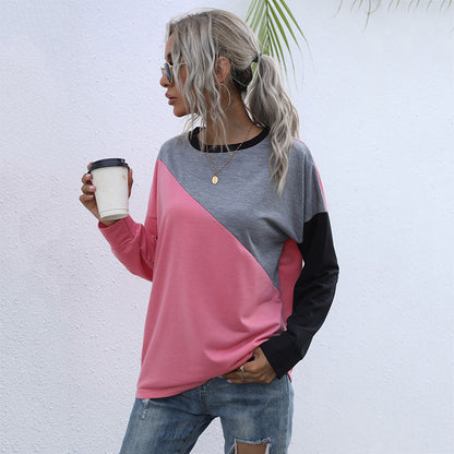 LOVEVOP New Cross-border popular Autumn Loose 2025 Splicing Crew Neck Long Sleeve Bottom Contrasting Sweater Women