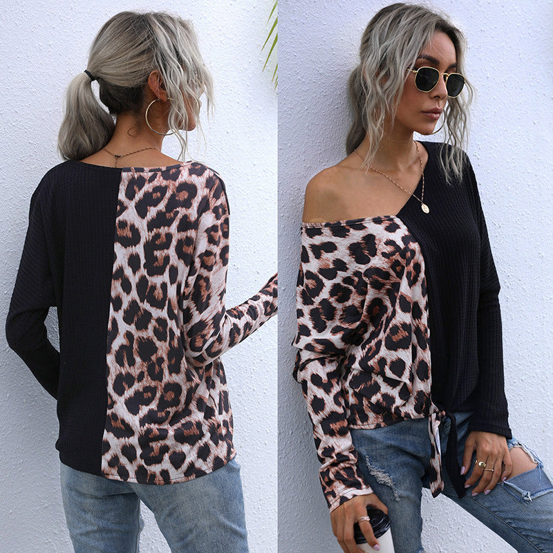 LOVEVOP popular autumn 2025 sexy splicing leopard print v-neck bottoming shirt t-shirt female  New Popular trade top wholesale