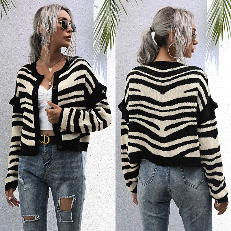 LOVEVOP women's clothing Hot new knitted sweater jacket short contrasting stripes splicing cardigan short