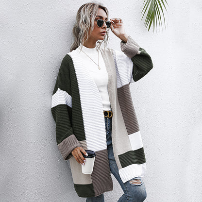 LOVEVOP Hot new autumn and winter fashion color matching knitted sweater medium and long 2025 lazy style   trade cardigan jacket women