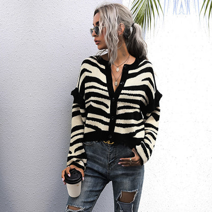 LOVEVOP women's clothing Hot new knitted sweater jacket short contrasting stripes splicing cardigan short