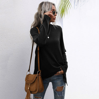 LOVEVOP New Popular trade long-sleeved top split-ended sweater medium and long popular autumn irregular splicing knitted sweater