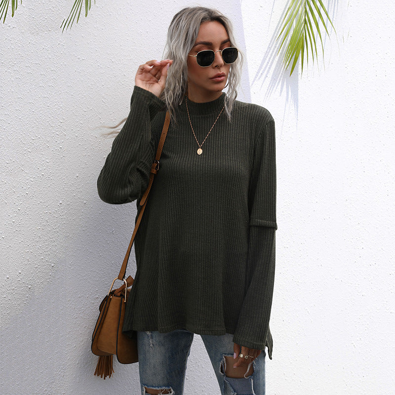 LOVEVOP New Popular trade long-sleeved top split-ended sweater medium and long popular autumn irregular splicing knitted sweater