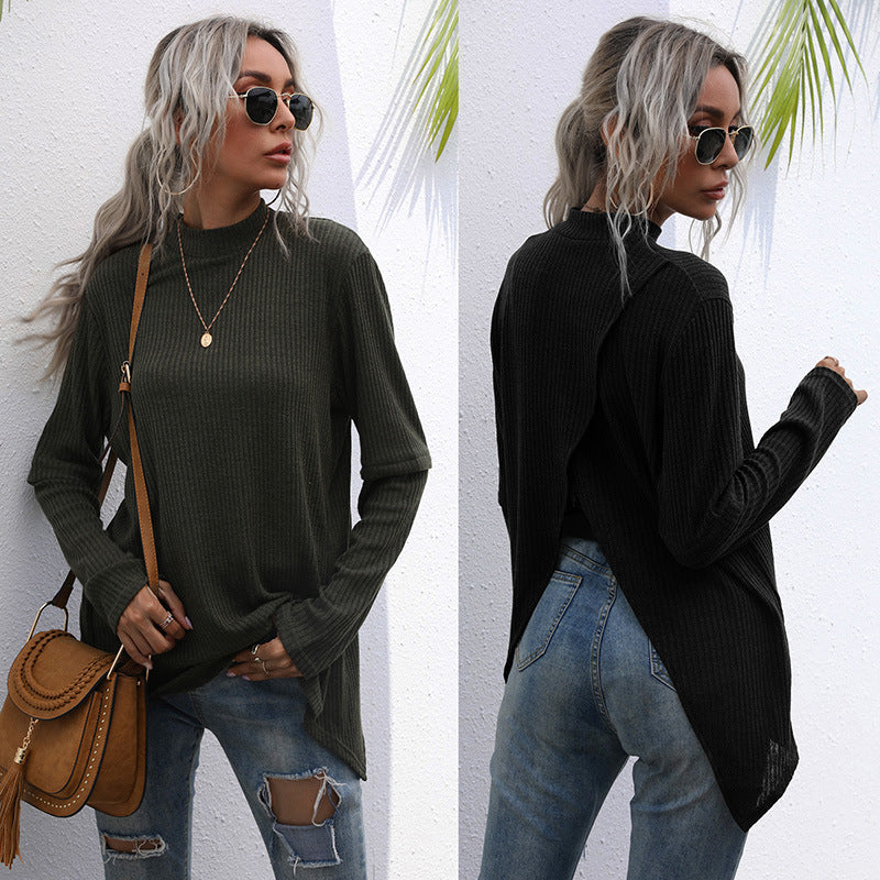 LOVEVOP New Popular trade long-sleeved top split-ended sweater medium and long popular autumn irregular splicing knitted sweater