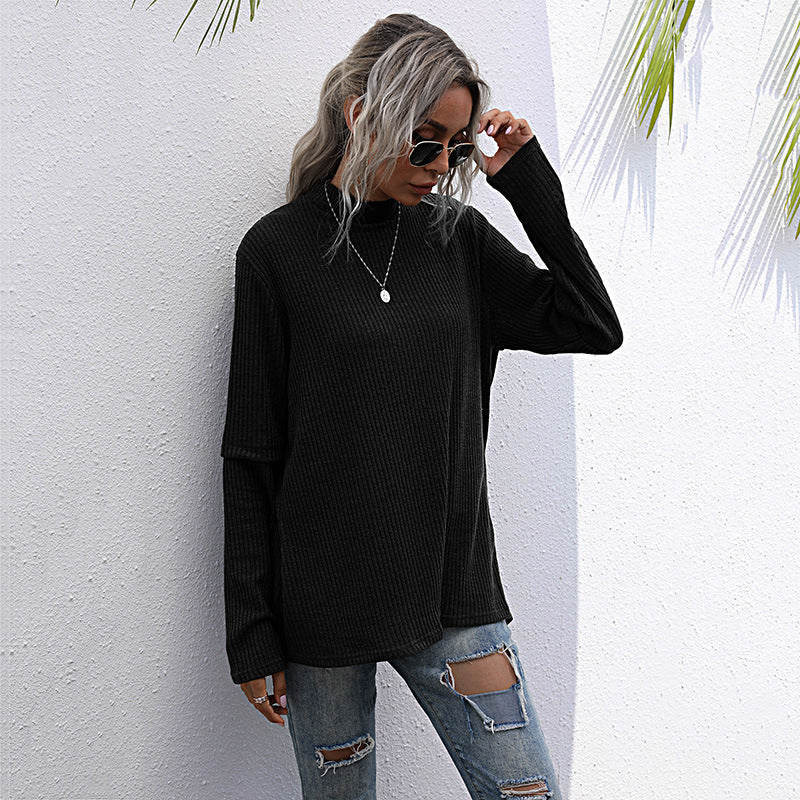 LOVEVOP New Popular trade long-sleeved top split-ended sweater medium and long popular autumn irregular splicing knitted sweater