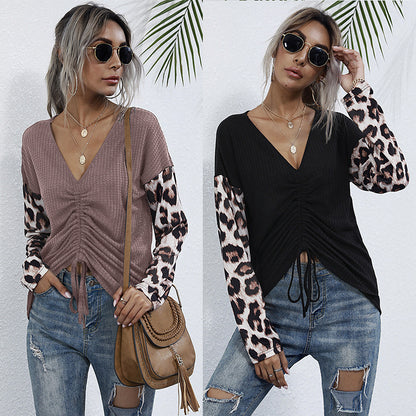 LOVEVOP popular New Autumn V-Neck Pullover Leopard Print Splicing Bottom Long Sleeve T-Shirt Women's  Hot Trade Pleated Top