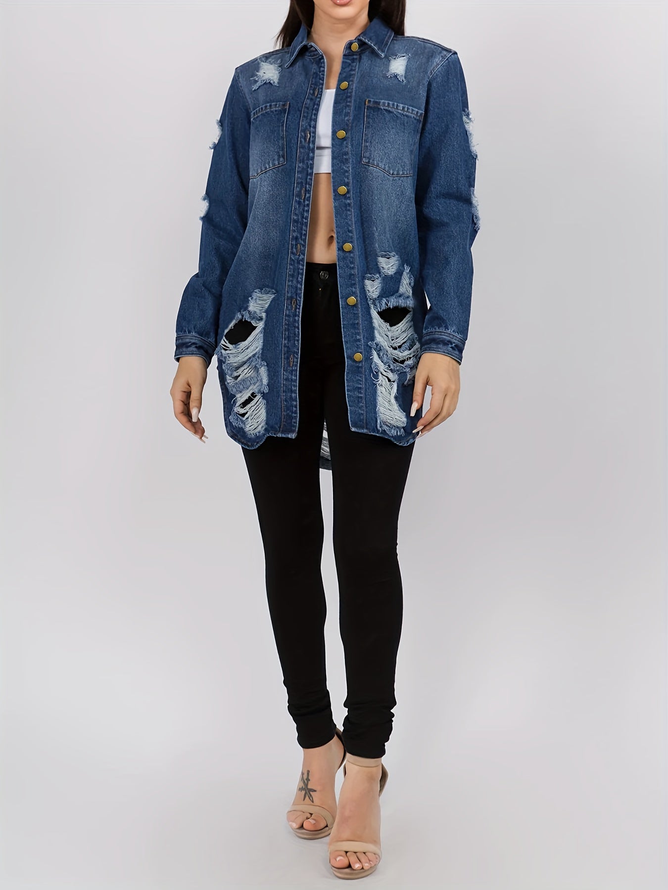 Lovevop-Distressed Denim Jacket, Long Button Up Ripped Jean Jacket Top, Women's Clothing & Outerwear