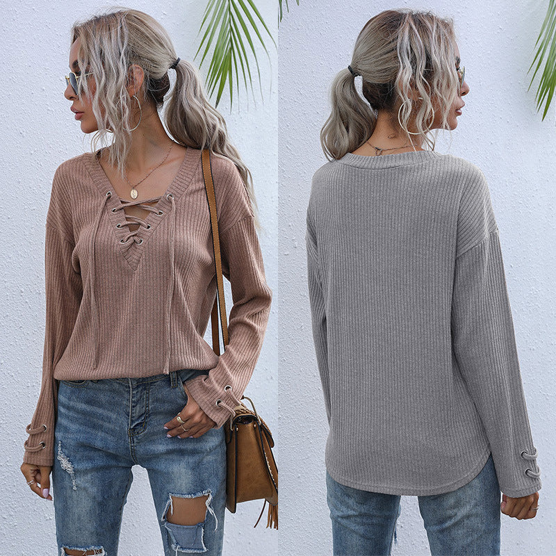 LOVEVOP  New Autumn and Winter New Solid Color Pullover Knitted Sweater Long Sleeve V-Neck Lace-Up Casual Women's Clothing