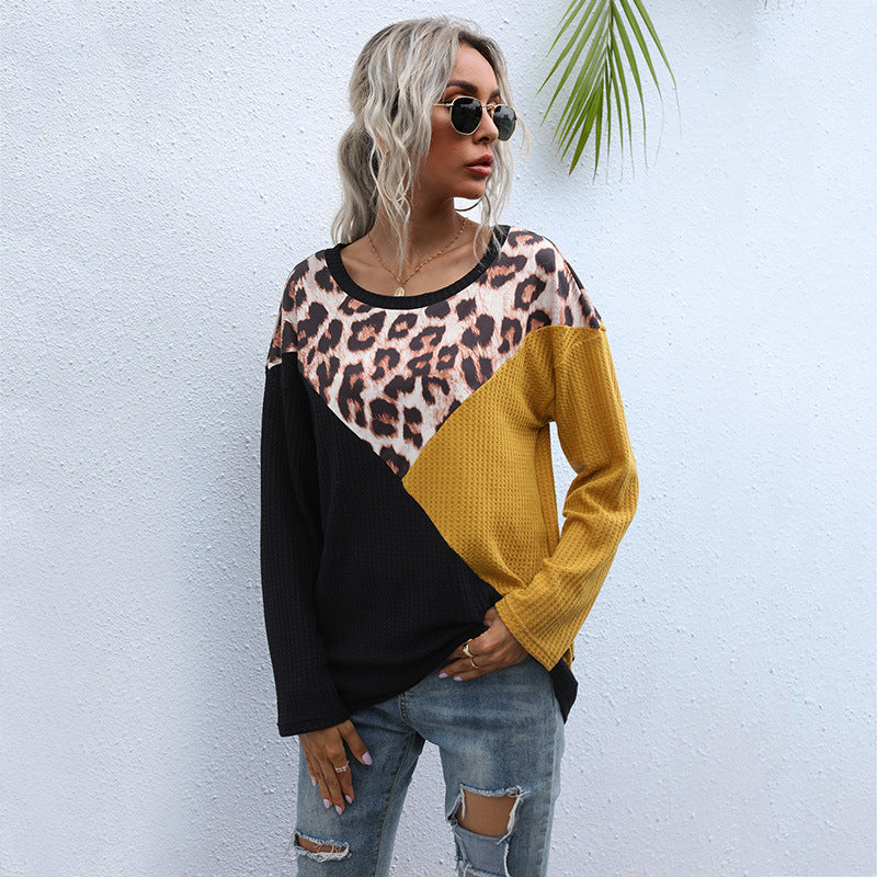 LOVEVOP Autumn women's popular new leopard print splicing 2025 fashion pullover round neck top loose long sleeve bottoming T-shirt women