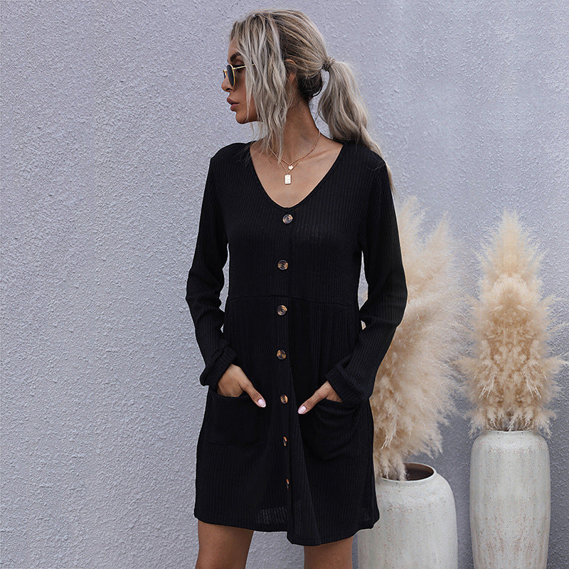 LOVEVOP New popular autumn and winter Popular and 2025 loose long-sleeved slim-fitting solid color v-neck knitted sweater dress women