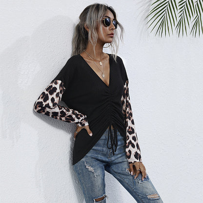 LOVEVOP popular New Autumn V-Neck Pullover Leopard Print Splicing Bottom Long Sleeve T-Shirt Women's  Hot Trade Pleated Top