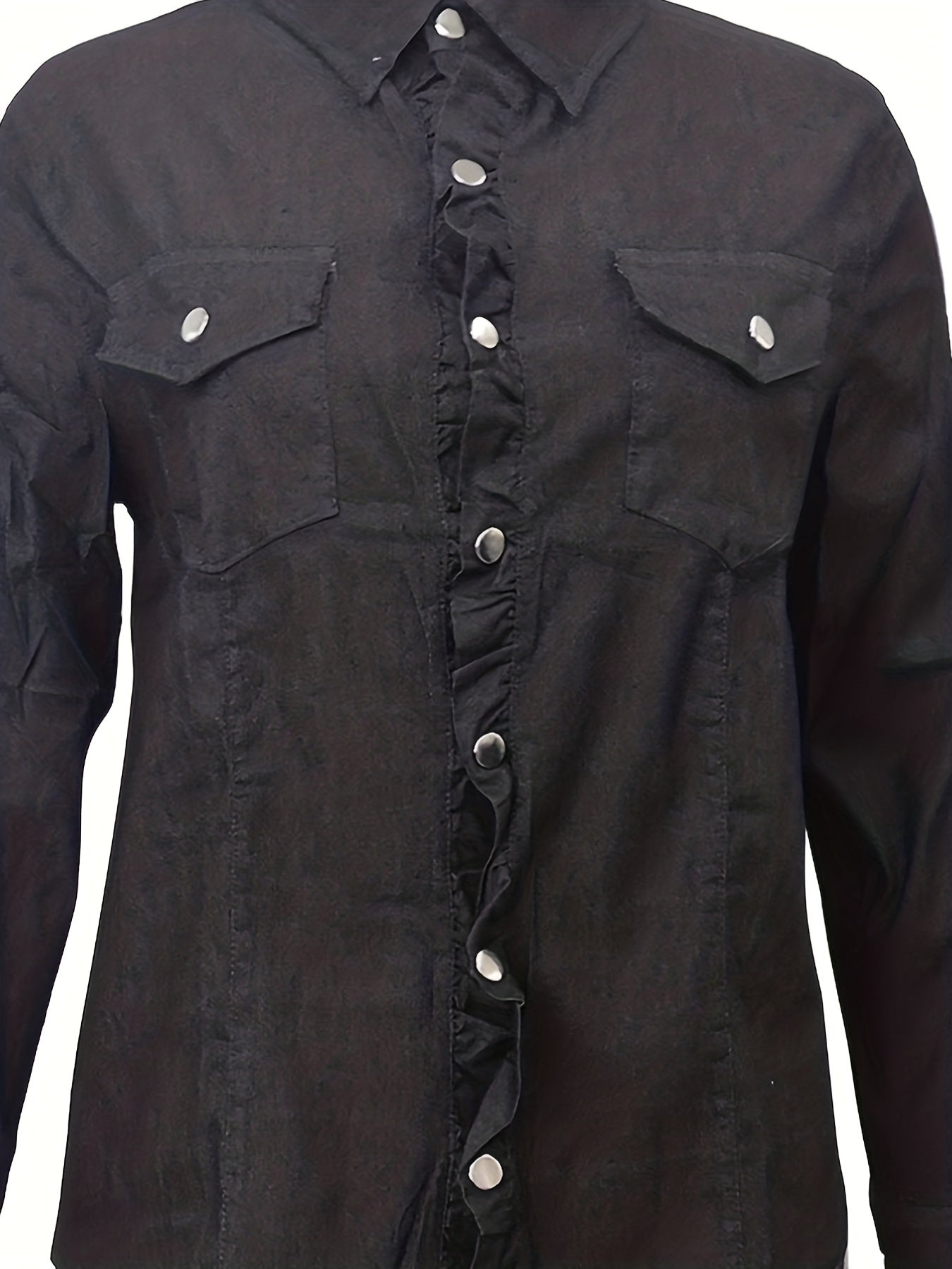 Lovevop-Long Sleeves Denim Shirt, Single-Breasted Button Flap Pockets Non-Stretch Lapel Denim Jackets, Women's Denim Clothing