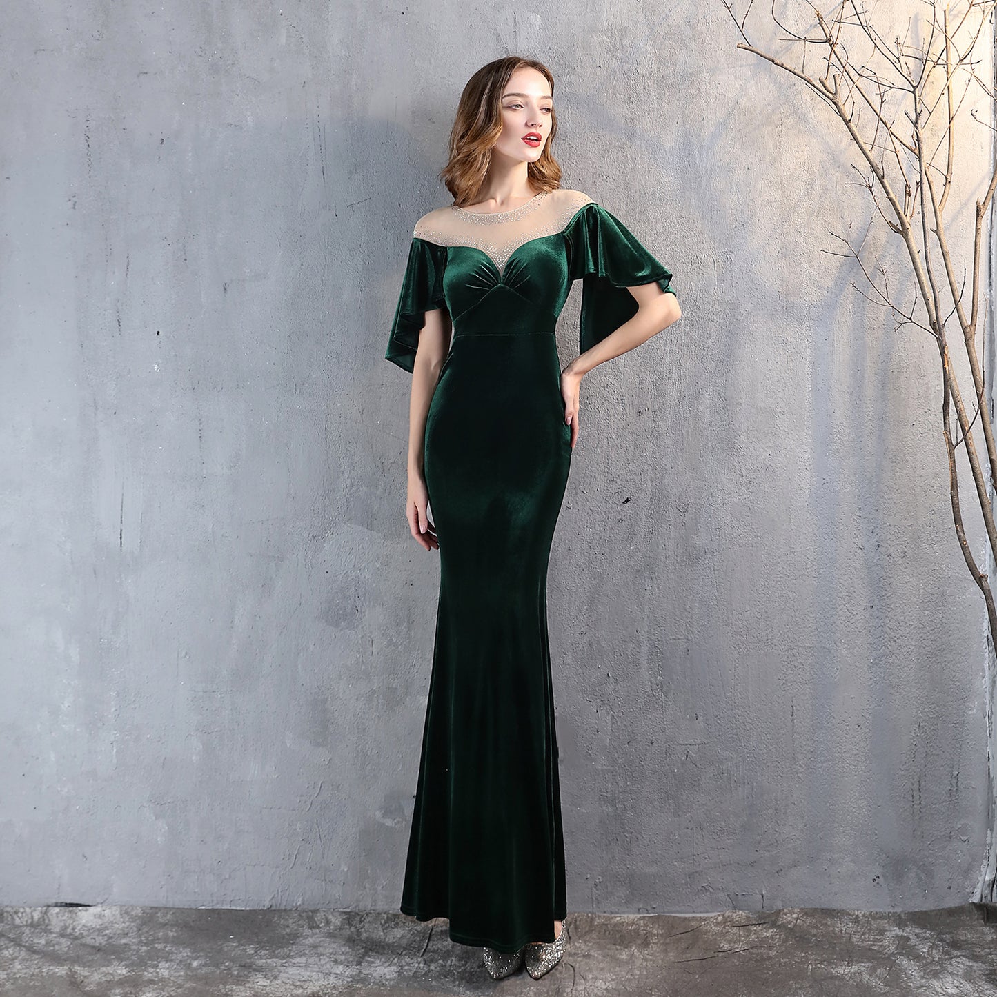 18322 #fishtail evening dress women's high-end atmosphere elegant banquet annual meeting temperament velvet aura queen