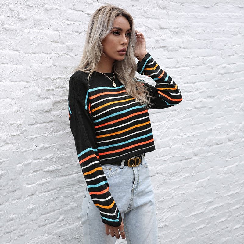 LOVEVOP popular New Autumn Crew Neck Pullover Long Sleeve Fashion Temperament Color Striped Top Women's Hot Trade Knitted Sweater Women's