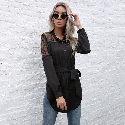 LOVEVOP Cross-border Popular, 2025,  popular Spring and Autumn Temperament Sexy Lace Splicing Cardigan Waist Lace Medium and Long Shirt Women