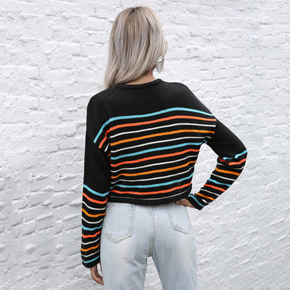 LOVEVOP popular New Autumn Crew Neck Pullover Long Sleeve Fashion Temperament Color Striped Top Women's Hot Trade Knitted Sweater Women's