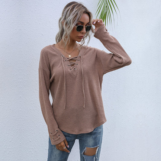 LOVEVOP  New Autumn and Winter New Solid Color Pullover Knitted Sweater Long Sleeve V-Neck Lace-Up Casual Women's Clothing