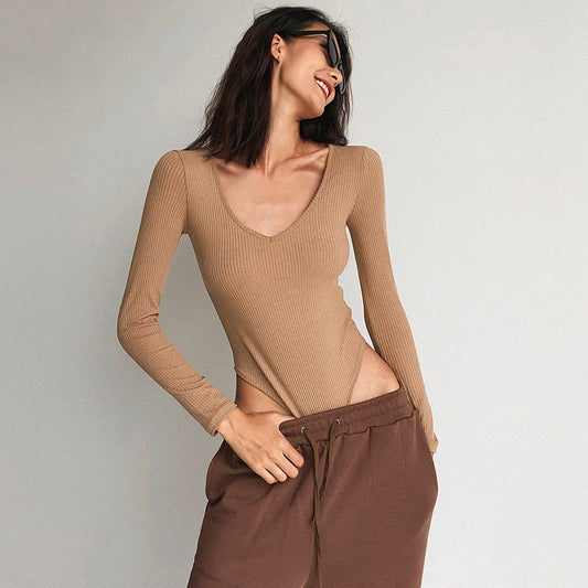 2025 women's clothing autumn and winter women's bottoming shirt solid color onesie sexy knitted women's T-shirt U-neck long-sleeved versatile top