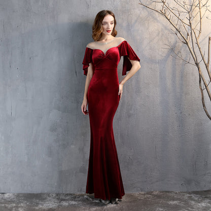 18322 #fishtail evening dress women's high-end atmosphere elegant banquet annual meeting temperament velvet aura queen