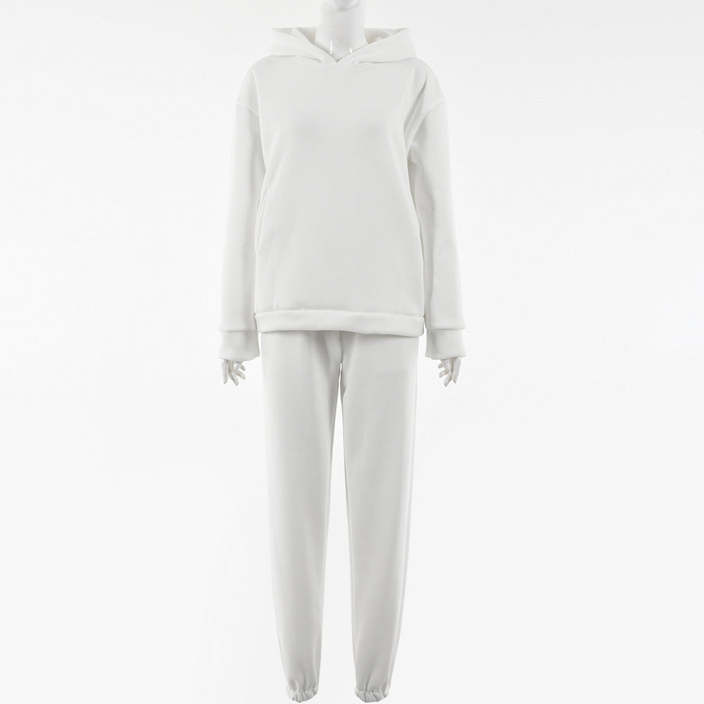 2025 winter fleece sweater set New Popular trade new loose long-sleeved hooded clothes bundle small feet trousers to keep warm