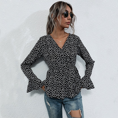 LOVEVOP New autumn new V-neck pullover polka dot horn long sleeve lace-up slim temperament 2025 shirt women
