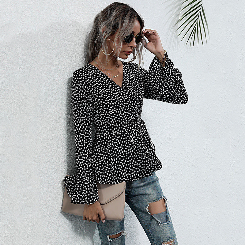 LOVEVOP New autumn new V-neck pullover polka dot horn long sleeve lace-up slim temperament 2025 shirt women