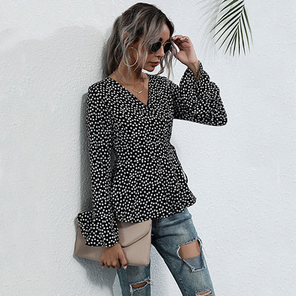 LOVEVOP New autumn new V-neck pullover polka dot horn long sleeve lace-up slim temperament 2025 shirt women