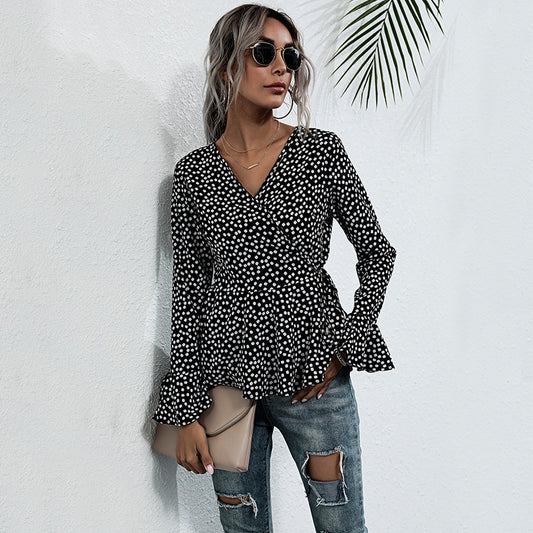 LOVEVOP New autumn new V-neck pullover polka dot horn long sleeve lace-up slim temperament 2025 shirt women