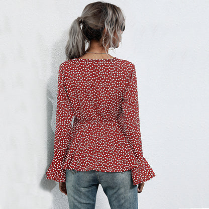 LOVEVOP New autumn new V-neck pullover polka dot horn long sleeve lace-up slim temperament 2025 shirt women