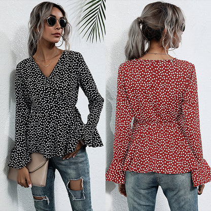 LOVEVOP New autumn new V-neck pullover polka dot horn long sleeve lace-up slim temperament 2025 shirt women