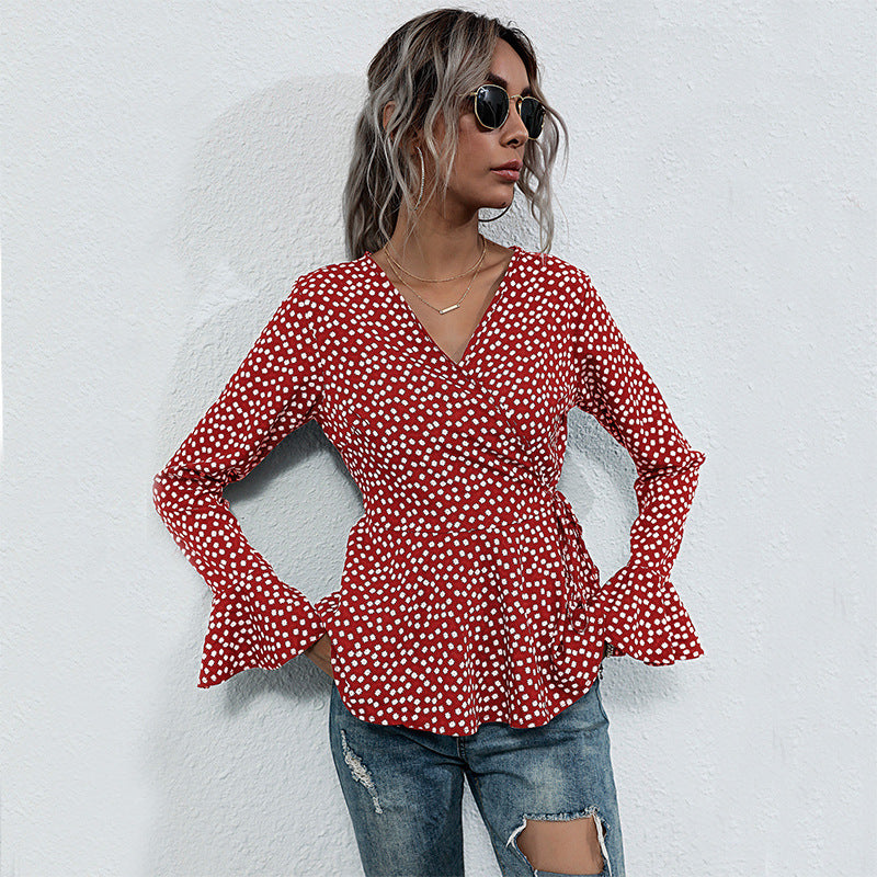LOVEVOP New autumn new V-neck pullover polka dot horn long sleeve lace-up slim temperament 2025 shirt women
