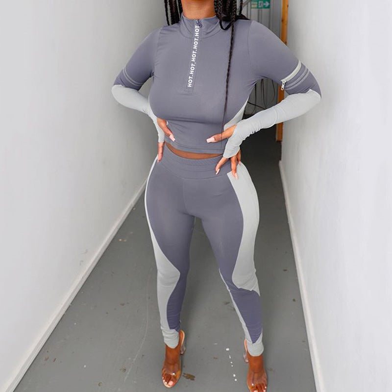 2025 women's clothing spring and autumn new hot-selling contrasting color splicing letter zipper long sleeve sexy high waist top trousers set