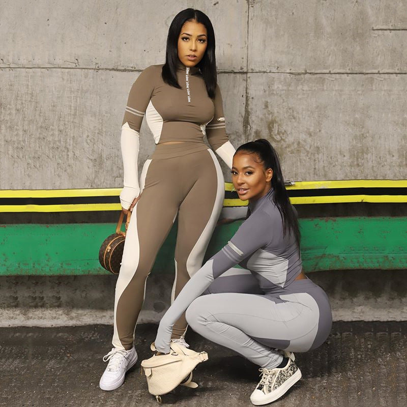 2025 women's clothing spring and autumn new hot-selling contrasting color splicing letter zipper long sleeve sexy high waist top trousers set