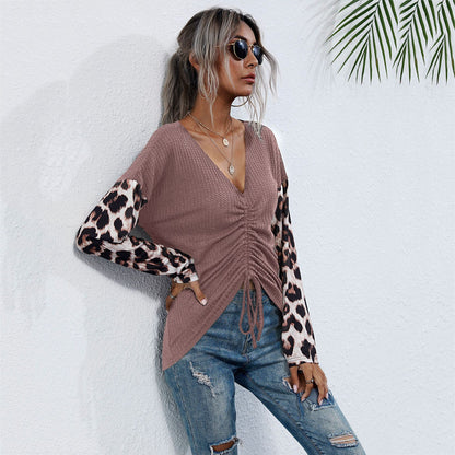 LOVEVOP popular New Autumn V-Neck Pullover Leopard Print Splicing Bottom Long Sleeve T-Shirt Women's  Hot Trade Pleated Top