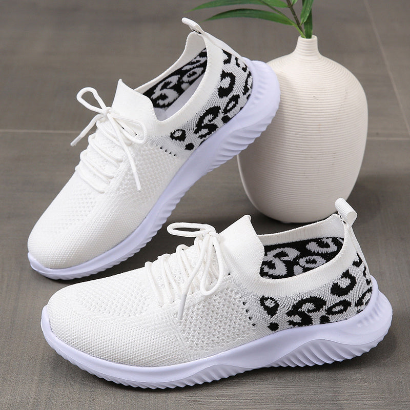 「lovevop」Women's Casual Sneakers, Flying Woven Leopard Pattern Breathable Lace-up Running Shoes, Women's Footwear