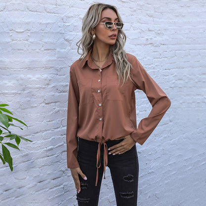 LOVEVOP New autumn lapel neck long-sleeved  lace-up shirt cardigan 2025 retro suit collar shirt women