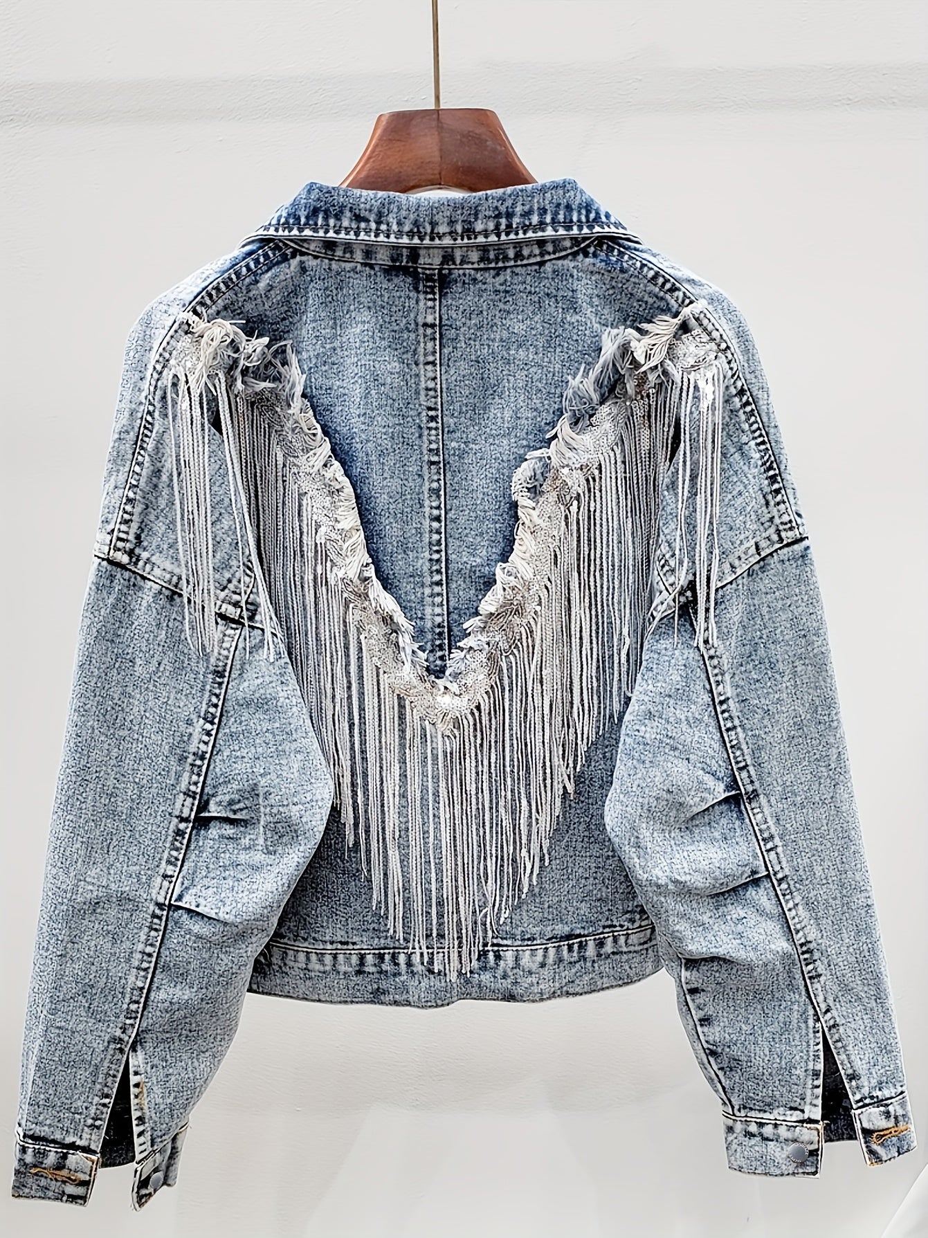 Lovevop-Light Blue Tassel Sequins Denim Jackets, Long Sleeve Flap Pockets Single-Breasted Button Loose Fit Denim Coats, Women's Denim Clothing