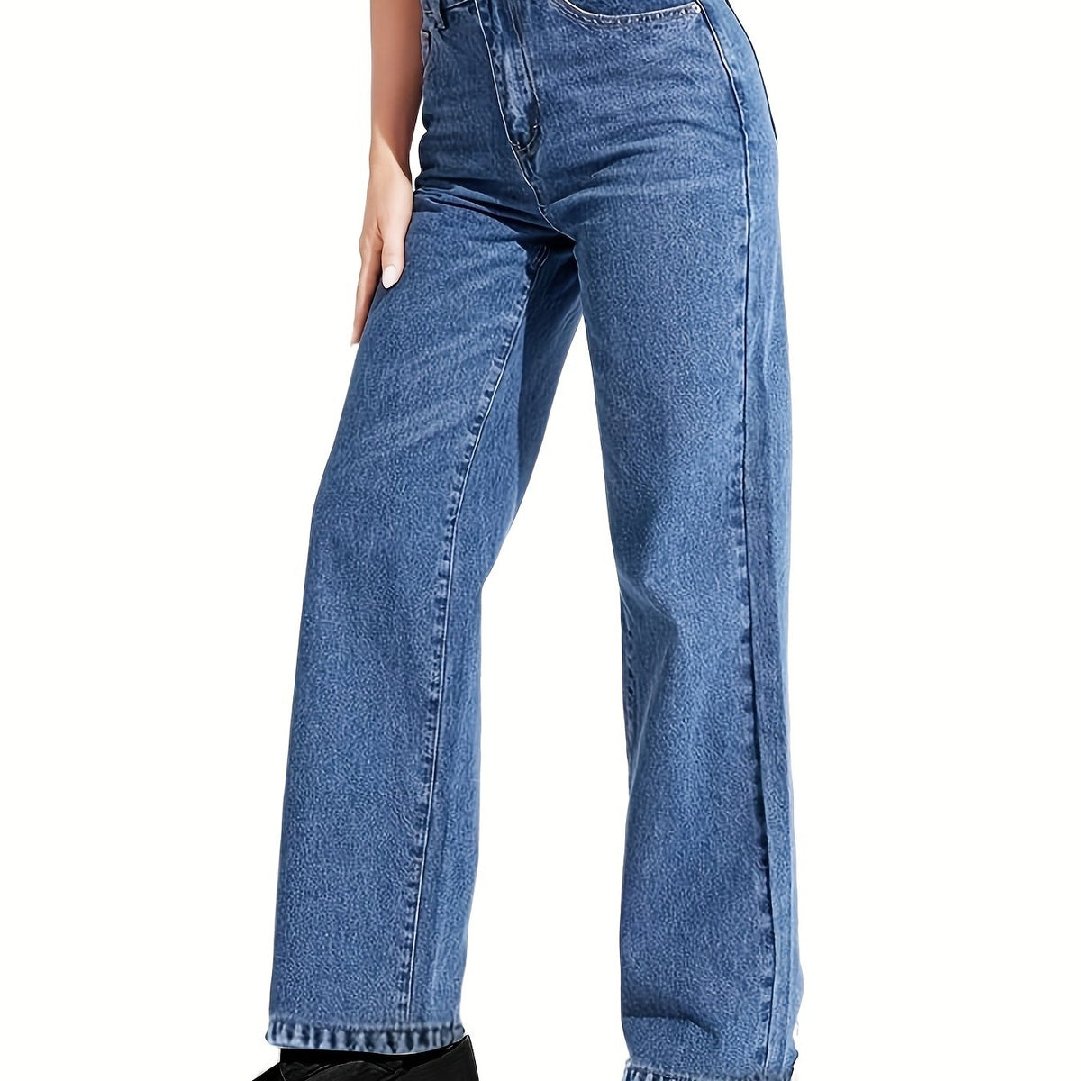 「lovevop」Dark Blue High Waist Straight Jeans, Slash Pockets Wide Leg Loose Fit High Rise Denim Pants, Women's Denim Jeans & Clothing