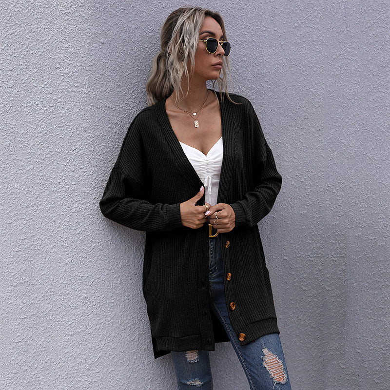 LOVEVOP women's clothing Hot autumn and winter knitted lazy wind long-sleeved v-neck cardigan medium and long sweater jacket