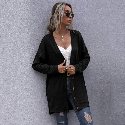 LOVEVOP women's clothing Hot autumn and winter knitted lazy wind long-sleeved v-neck cardigan medium and long sweater jacket