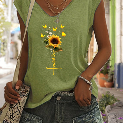 「lovevop」Sunflower Print Tank Top, Sleeveless Casual Top For Spring & Summer, Women's Clothing