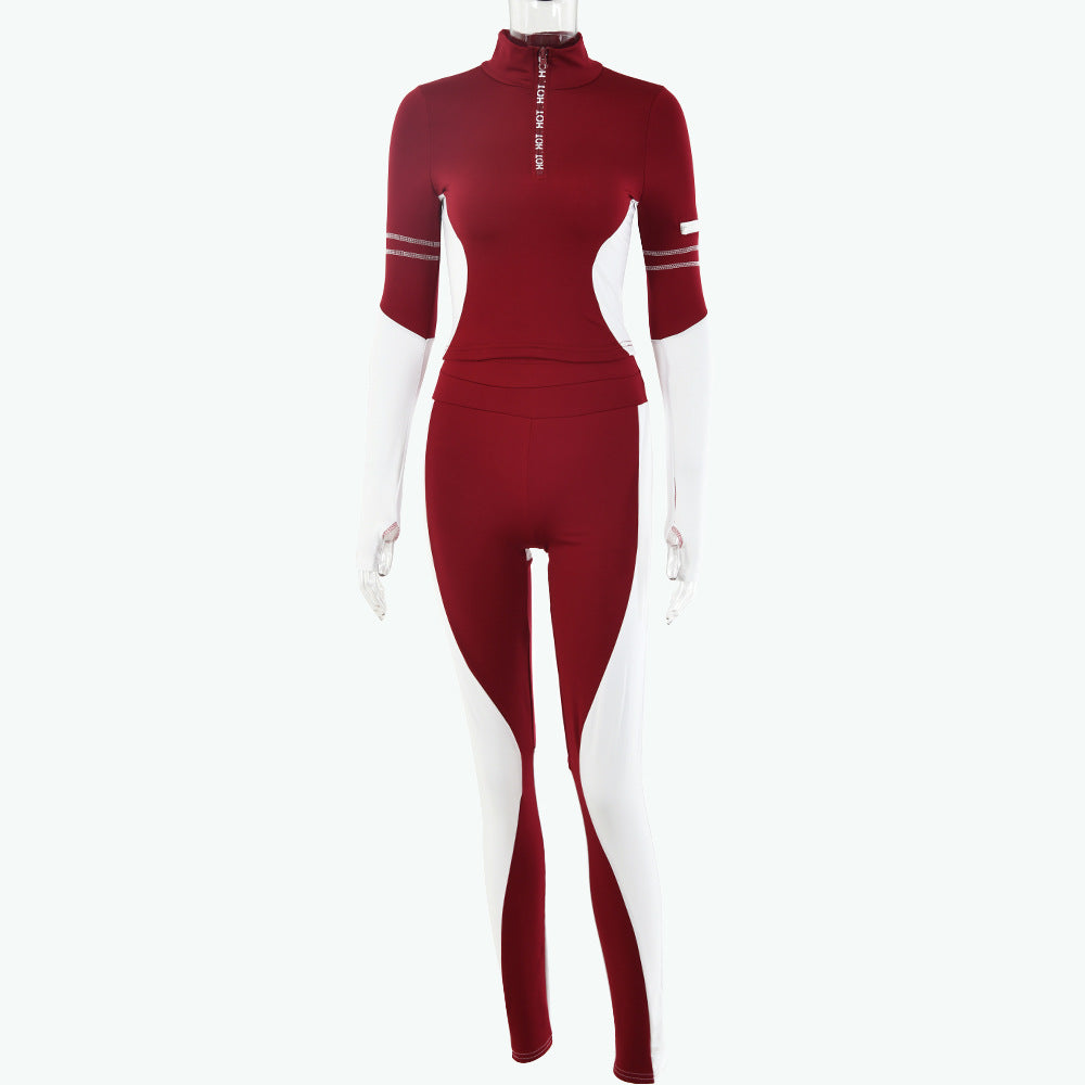 2025 women's clothing spring and autumn new hot-selling contrasting color splicing letter zipper long sleeve sexy high waist top trousers set
