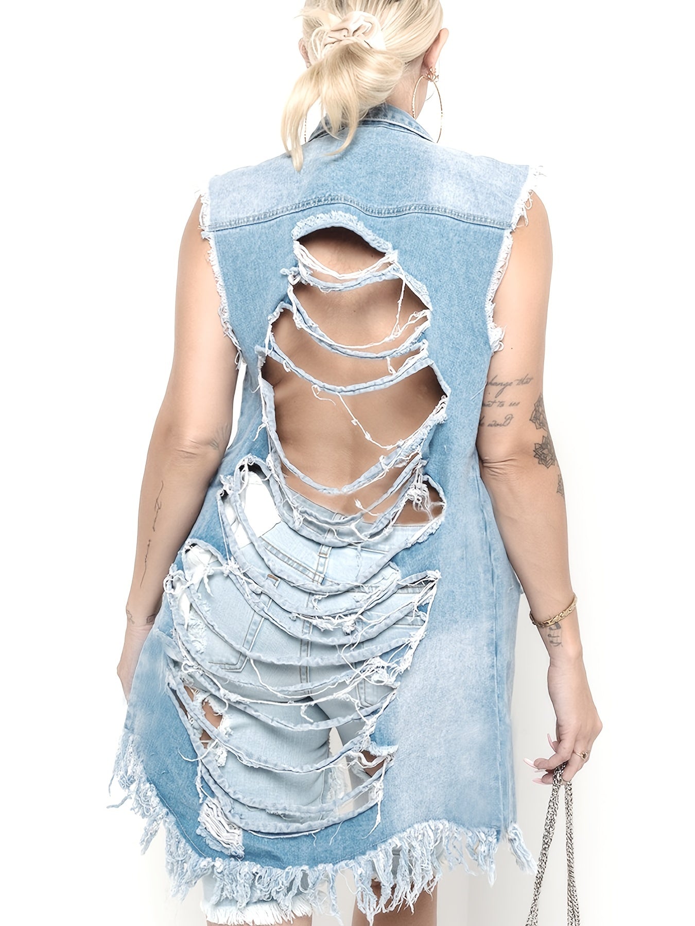 Lovevop-Sleeveless Ripped Back Raw Hem Long Vest Jackets, Butt Cover Button Closure Long Denim Coats, Women's Denim Jackets & Coats, Women's Clothing