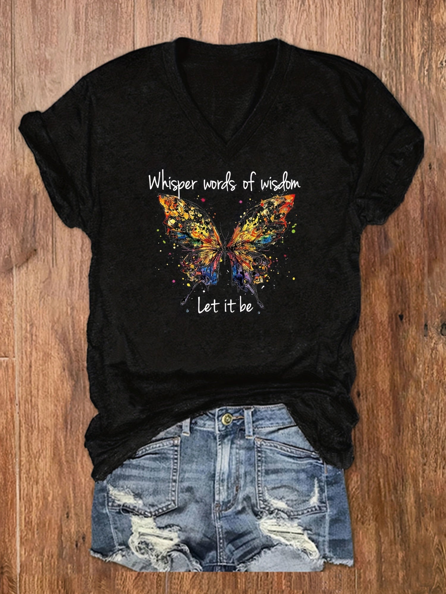 「lovevop」Letter & Butterfly Print T-Shirt, V Neck Short Sleeve T-Shirt, Casual Every Day Tops, Women's Clothing