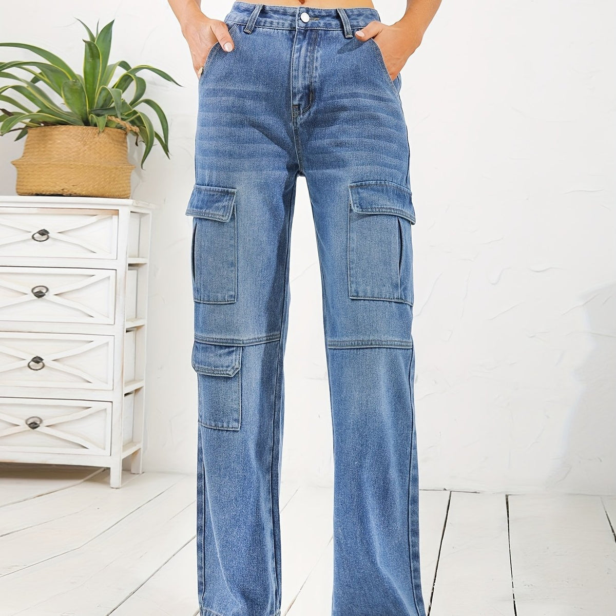 「lovevop」Flap Cargo Pocket Whiskering Denim Pants, Water Ripple Embossed Crotch Loose Straight Leg Jeans, Causal Pants For Every Day, Women's Denim Jeans & Clothing